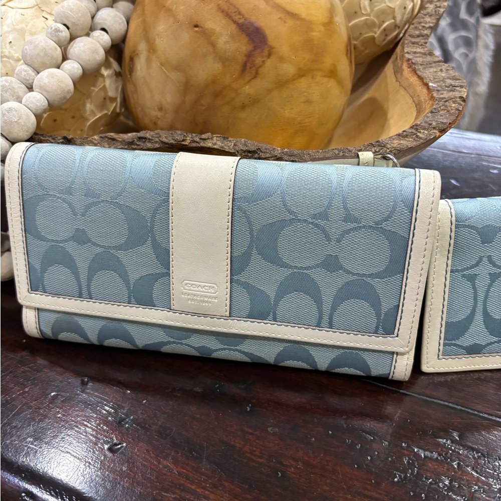 Coach Blue and Cream Monogram Wallet